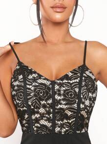 SHEIN PETITE Contrast Lace Cami Jumpsuit - Black - View 3