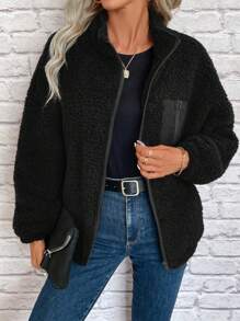 SHEIN LUNE 秋冬季拉链落肩泰迪熊外套，休闲款 - 黑色 - 查看 5