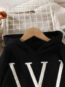 SHEIN Tween Girl Letter Pattern Hooded Sweater Dress - Black - View 3