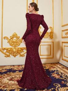 Faeriesty Sweetheart Neck Twist Front Slit Sequin Formal Dress - Burgundy - View 3