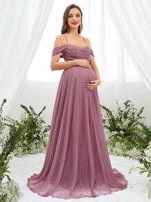 Faeriesty Dressalisa Sophisticated Off-Shoulder Backless Babyshower Dresses With Adjustable Back Ties & Flowing A-Line Silhouette – Perfect For Baby Showers, Formal Events, Wedding Receptions, Gala Dinners, And Maternity Photoshoots