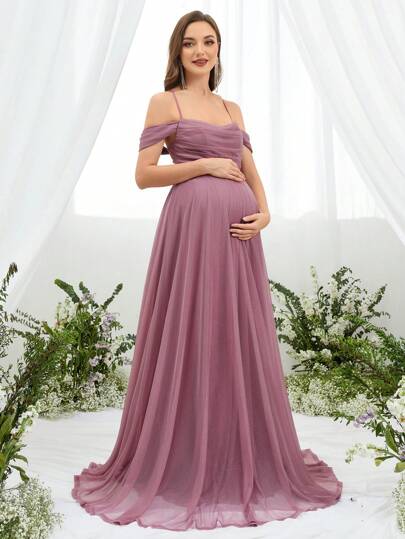 Faeriesty Elegant Knitted Fabric Maternity Gown With Spaghetti Strap And Backless Ruched Details For Photoshoots Long Flared Hem Dress