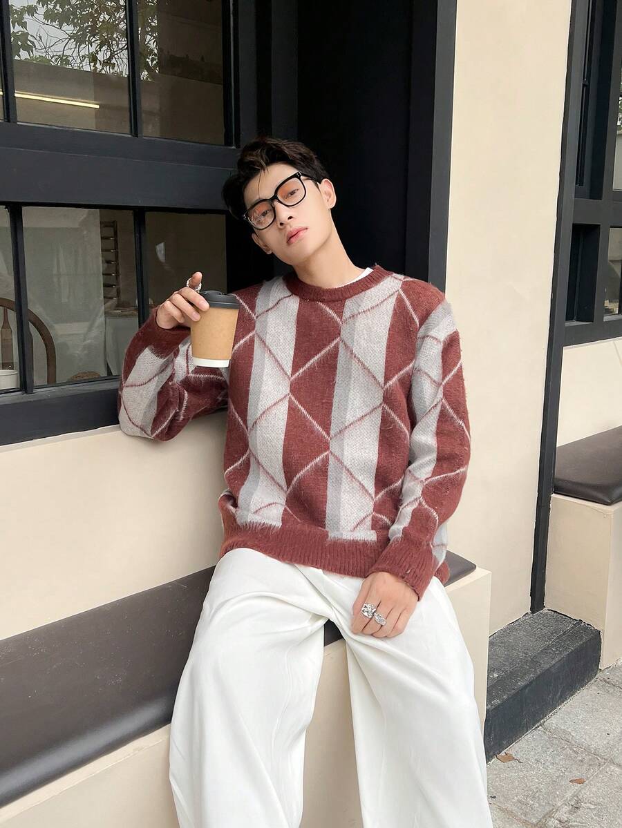 Manfinity Hypemode Men 1pc Argyle Pattern Drop Shoulder Sweater - Multicolor - View 1