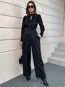 SHEIN Privé Encolure Trou De Serrure Manches Bouffantes Top & Pantalon Ample