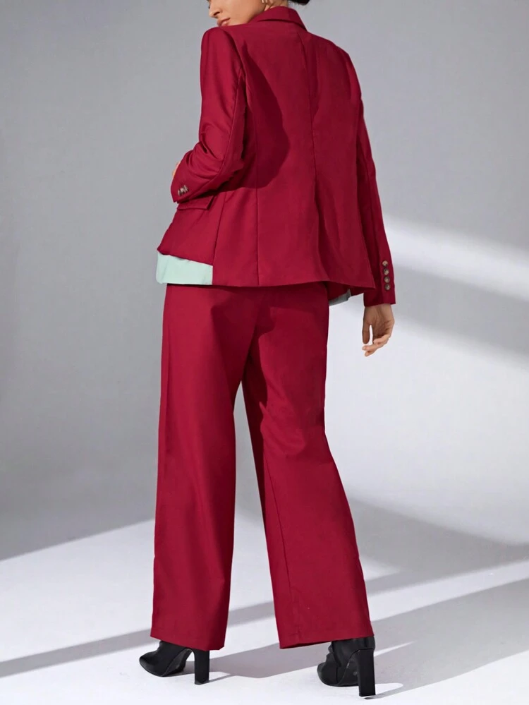 Colorblock Lapel Neck Blazer & Wide Leg Pants