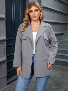 Calvaya Plus Lapel Neck Flap Detail Blazer - Grey - View 6