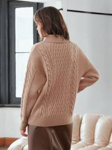 Anewsta 纯色麻花针织落肩套头衫秋冬毛衣 - 卡其色 - 查看 2