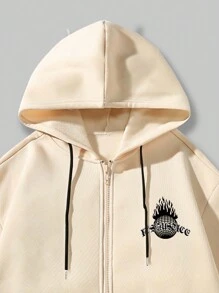 ROMWE MEN Street Life 男士字母及數字圖形袋鼠口袋束口保暖連帽衫 - 卡其色 - 查看 3