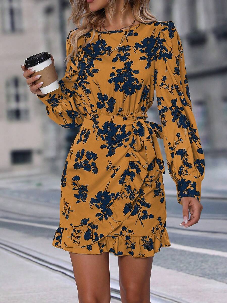 SHEIN Clasi Vestido bajo cruzado con estampado floral con nudo lateral ribete con fruncido - Multicolor - Ver 1