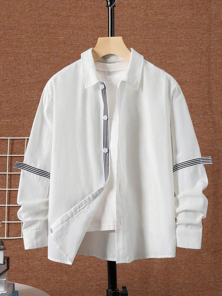 SHEIN 男童學院風領落肩梭織寬鬆襯衫 - 白色 - 查看 1