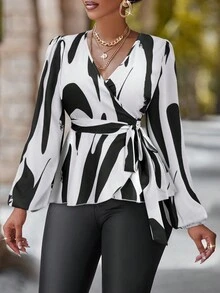 SHEIN Unity In Đồ họa Tay áo lồng đèn Thắt lưng Áo sơ mi - màu đen - Xem 5