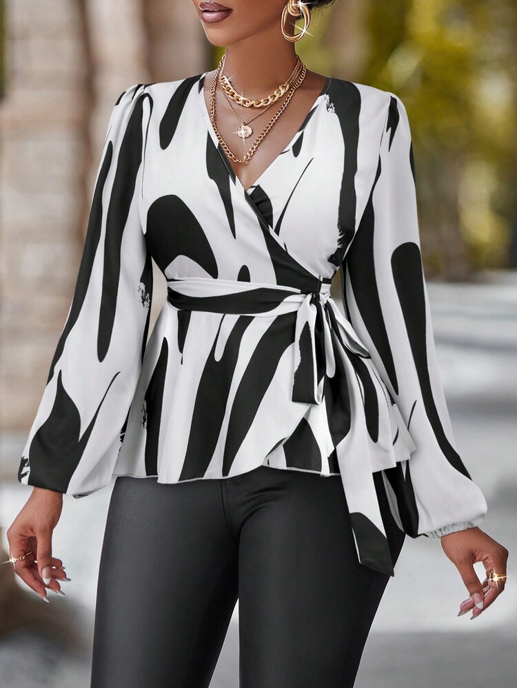 SHEIN Unity In Đồ họa Tay áo lồng đèn Thắt lưng Áo sơ mi - màu đen - Xem 5