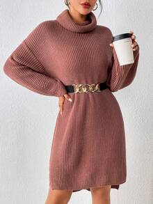 SHEIN Essnce Áo cao cổ Thả vai Viền chia cắt Đầm Áo len Không có thắt lưng - Cà phê nâu - Xem 7