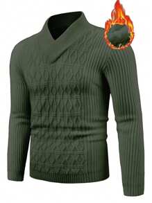 Manfinity Homme 男士素色V領加絨內裏套頭毛衣 - 軍綠色 - 查看 1