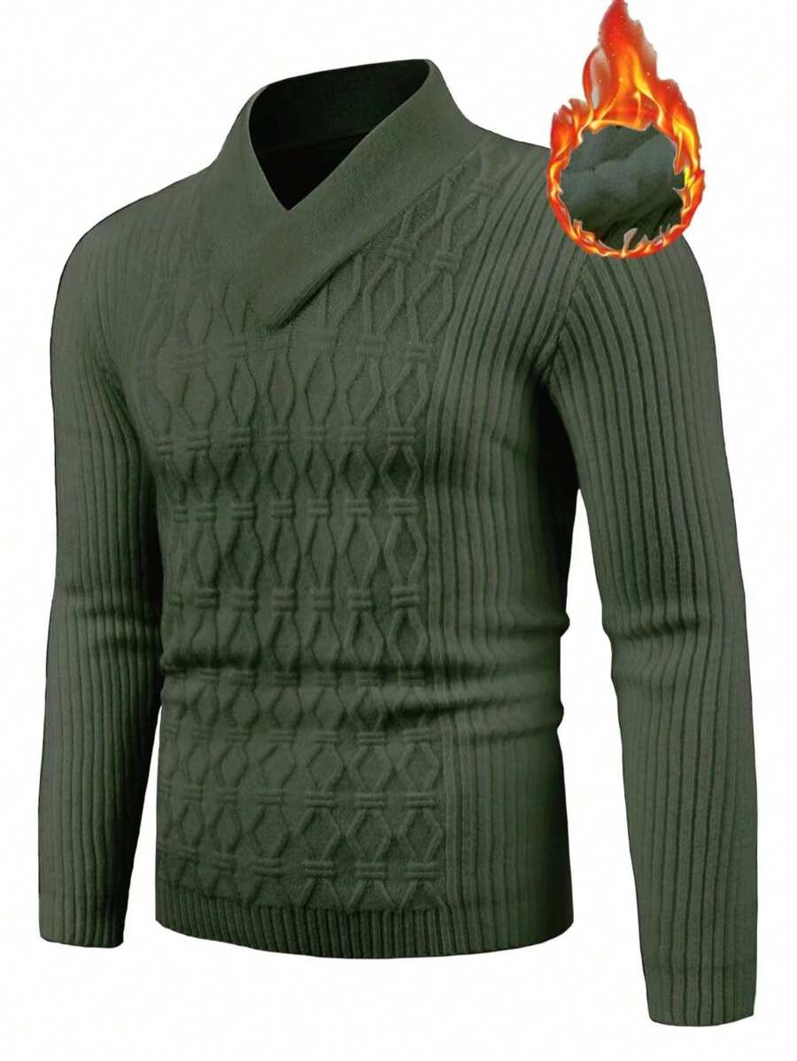 Manfinity Homme 男士素色V領加絨內裏套頭毛衣 - 軍綠色 - 查看 1