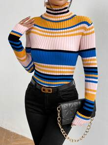 SHEIN Essnce 條紋圖案高領條紋針織套頭毛衣 - 彩色 - 查看 3