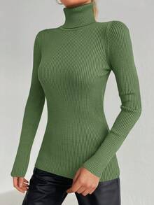 RueChic Women's Plain Simple Turtleneck Sweater Pullover - Green - View 5