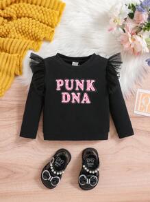 SHEIN Baby Girl Letter Graphic Contrast Mesh Ruffle Trim Tee - Black - View 1