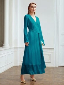 MOTF PREMIUM BELTED SATIN FRINGE-HEM DRESS - Teal Blue - View 6