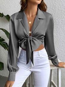 SHEIN Unity Nút phía trước Mùa vụ Xa ten Áo sơ mi - Xám - Xem 5