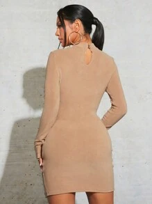 SHEIN SXY Mock Neck Bodycon Dress - Mocha Brown - View 2