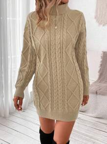 SHEIN LUNE 高領麻花編織落肩袖毛衣洋裝 - 卡其色 - 查看 4