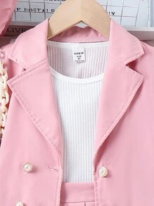 SHEIN Tween Girl Solid Tank Top & Skirt & Accessory Hat & Blazer - Pink - View 6