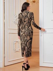 Modelyn 印花小高領緊身洋裝不附腰帶 - 杏色 - 查看 2