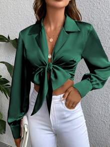 SHEIN Unity Tie Front Lapel Neck Crop Satin Shirt
