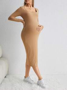 SHEIN 孕婦方領高衩條紋針織緊身洋裝 - 杏色 - 查看 3