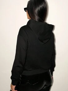 SHEIN Unity Slogan Graphic Kangaroo Pocket Drop Shoulder Drawstring Hoodie - Black - View 4