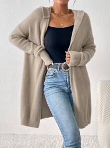 SHEIN Frenchy Dài áo có mũ Áo len Mở Với Thả vai - Màu be - Xem 3