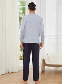 Men Letter Graphic PJ Set - Light Grey - View 2