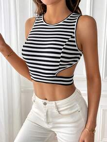 SHEIN Essnce Sọc Mở Lưng Crop Tank Top - Đen và trắng - Xem 4