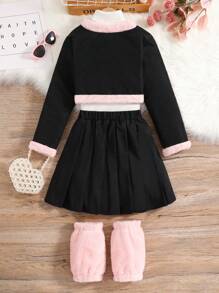SHEIN Tween Girl Contrast Fuzzy Trim Jacket & Pleated Skirt & 1pair Leg Sleeve Without Tee - Black - View 2