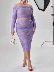 SHEIN Privé Dantelli Sade Artı Beden Co-Ord - Mor - Görünüm 4