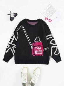 Flirla Plus Bag & Letter Pattern Drop Shoulder Sweater