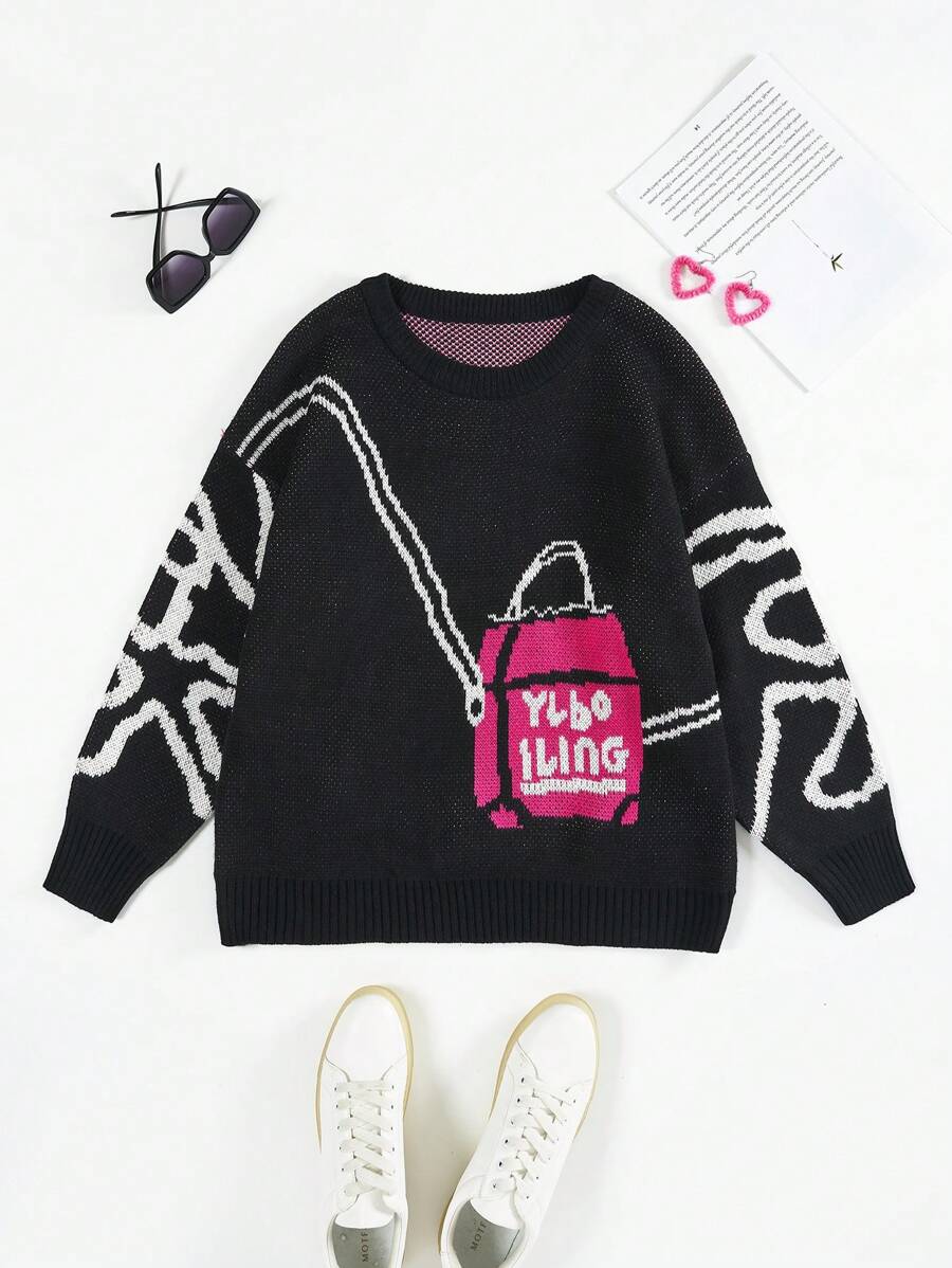 Flirla Plus Bag & Letter Pattern Drop Shoulder Sweater