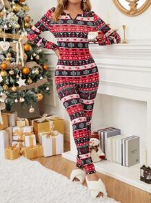 SHEIN LUNE 聖誕圖案缺口V領彈力緊身連體褲 - 彩色 - 查看 4