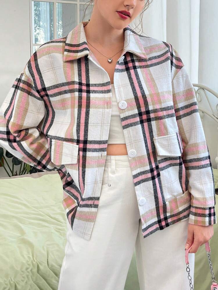 Plus Plaid Print Drop Shoulder Overcoat