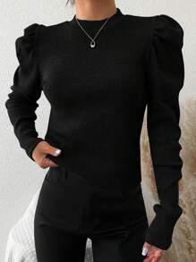 EURMUSE Cotton Half-High Collar Leg-Of-Mutton Sleeve T-Shirt - Black - View 3