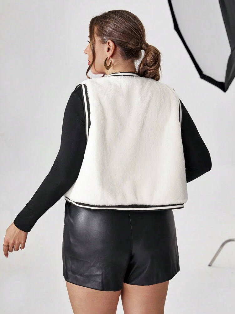 Plus Contrast Trim Open Front Vest Fuzzy Coat