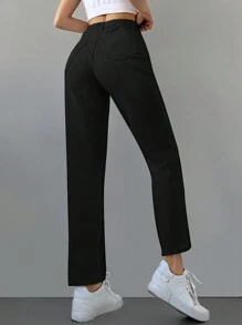 Cottnline Jeans de pierna recta unicolor - Negro - Ver 2