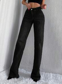 Cottnline Jeans de pierna recta de talle alto - Negro - View 4