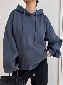 Dazy-Less Sudadera con capucha de manga larga, casual y de unicolor liso con bolsillo - Neblina azul - Ver 4