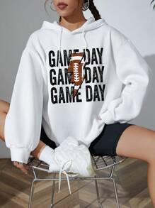 SHEIN EZwear Đồ họa Chữ cái Thả vai Dây rút Hoodie - trắng - Xem 5