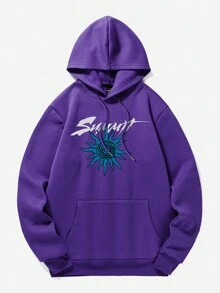 ROMWE MEN Street Life Các bạn Đồ họa núi & khẩu hiệu Túi kangaroo Dây rút Hoodie - Màu tím - Xem 2