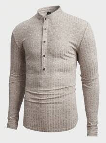 GENTILAND Men Marled Knit Half Button Tee - Khaki - View 1
