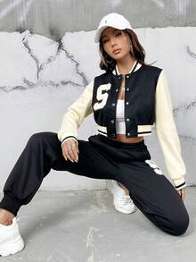 SHEIN EZwear Thư được vá Sọc trang trí Áo khoác & Quần nỉ - Nhiều màu - Xem 4