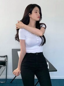 DAZY 女士纯色半扣T恤、短款上衣 - 白色 - 查看 6